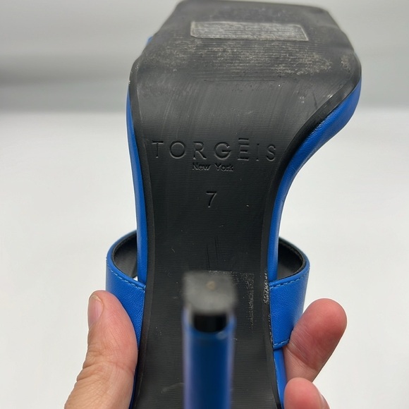 Torgeis - Antilles Bold Blue With Gold Tips Strap Sandal Open Toe Heels Size 7 - Picture 8 of 14